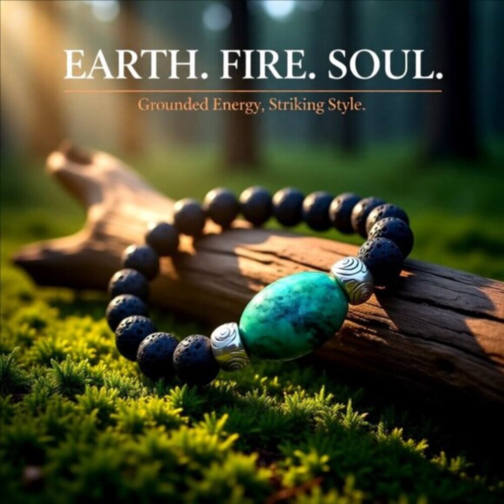 Chrysacolla & Black Lava Rock Bracelet! Thick, Solid & Chunky! Heavy Stone Beads
